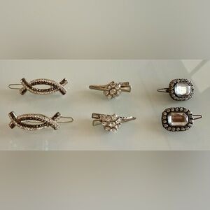 Anthropologie Silver Crystal Sparkling Hair Barrettes Set of 6 - New W/o Tags